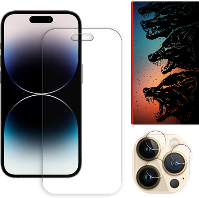 SOMTONE Edge To Edge Tempered Glass for Apple iPhone 14 Pro 5G Tempered Glass Screen Protector | Anti-Scratch | Edge to Edge Full Coverage | 9H Hardness ( 1 FRONT SCREEN GUARD + 1 CAMERA LENS PROTECTOR + 1 FREE BACK EMBOSSED SKIN061 )(Pack of 1)