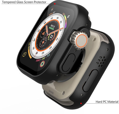 DPJ Edge To Edge Tempered Glass for Compatible with Apple Watch Ultra/ Ultra 2 49mm, Hard PC Case with Built-in,Tempered Glass Screen Protector, Ultra-Thin HD Bumper Protective Cover, Full Coverage(Black)(Watch not included)(Pack of 1)