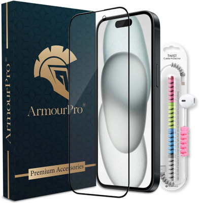 ArmourPro Edge To Edge Tempered Glass for Apple iPhone 15, Apple iPhone 15, Apple iPhone 16, iPhone 16, (OG Glass with Black Border & Cable Protector)(Pack of 1)