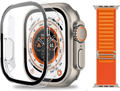 Skymac Edge To Edge Screen Guard for iWatch 49mm Ultra, Hard Case with Built-in Tempered Glass Screen Protector Compatible with Apple Watch Ultra 2 / Ultra (49mm)[ONE UNIT CLEAR COVER+ONE UNIT ORANGE STRAP](Pack of 2)