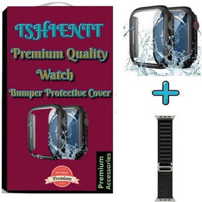 TSHIENTT Edge To Edge Tempered Glass for Compatible with Apple Watch Series7, 45mm with, Silicone Protection Front Case Cover With Attached Screen Protector, (Matte Black) with Black Alpine Strap (Combo) (One Unit Cover + One Unit Strap) (Watch not included)(Pack of 2)