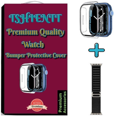TSHIENTT Edge To Edge Tempered Glass for Compatible with Apple Watch Series 7 41mm, Ultra-Thin Scratch Resistant Cover, With Attached Screen Protector, Full Coverage Bumper Protective Cover (Transparent) with Black Alpine Strap (Combo) (One Unit Cover + One Unit Strap) (Watch not included)(Pack of 2