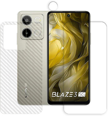 SOMTONE Front and Back Tempered Glass for Lava Blaze 3 5G Tempered Glass Screen Protector | Anti-Scratch | Edge to Edge Full Coverage | 9H Hardness (1 FRONT SCREEN GUARD + 1 BACK CARBON FIBER SKIN + 1 CAMERA LENS PROTECTOR)(Pack of 1)