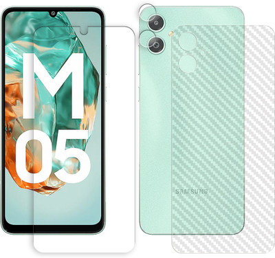 SOMTONE Front and Back Tempered Glass for Samsung Galaxy M05 4G Tempered Screen Protector | Anti-Scratch | Edge to Edge Full Coverage | 9H Hardness (1 FRONT SCREEN GUARD + 1 BACK CARBON FIBER SKIN + 1 CAMERA LENS PROTECTOR)(Pack of 1)