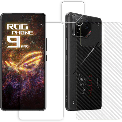 SOMTONE Front and Back Tempered Glass for Asus ROG Phone 9 Pro 5G Tempered Glass Screen Protector | Anti-Scratch | Edge to Edge Full Coverage | 9H Hardness (1 FRONT SCREEN GUARD + 1 BACK CARBON FIBER SKIN + 1 CAMERA LENS PROTECTOR)(Pack of 1)