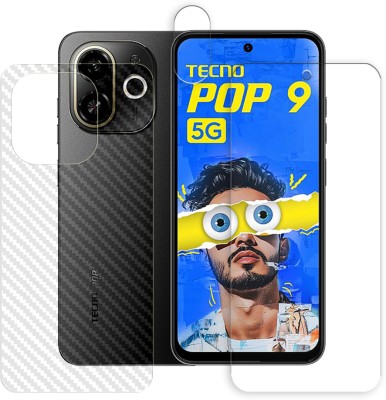 SOMTONE Front and Back Tempered Glass for Tecno Pop 9 5G Tempered Glass Screen Protector | Anti-Scratch | Edge to Edge Full Coverage | 9H Hardness (1 FRONT SCREEN GUARD + 1 BACK CARBON FIBER SKIN + 1 CAMERA LENS PROTECTOR)(Pack of 1)