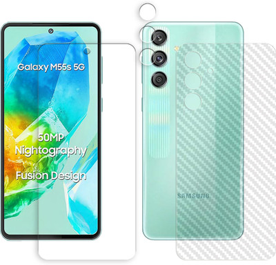 SOMTONE Front and Back Tempered Glass for Samsung Galaxy M55s 5G Tempered Glass Screen Protector | Anti-Scratch | Edge to Edge Full Coverage | 9H Hardness (1 FRONT SCREEN GUARD + 1 BACK CARBON FIBER SKIN + 1 CAMERA LENS PROTECTOR)(Pack of 1)