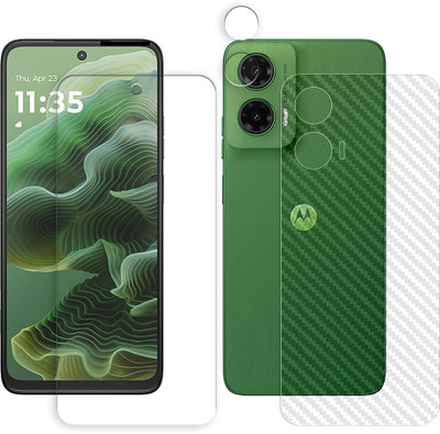 SOMTONE Front and Back Tempered Glass for Motorola Moto G35 5G Tempered Glass Screen Protector | Anti-Scratch | Edge to Edge Full Coverage | 9H Hardness (1 FRONT SCREEN GUARD + 1 BACK CARBON FIBER SKIN + 1 CAMERA LENS PROTECTOR)(Pack of 1)