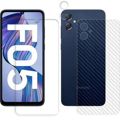 SOMTONE Front and Back Tempered Glass for Samsung Galaxy F05 4G Tempered Glass Screen Protector | Anti-Scratch | Edge to Edge Full Coverage | 9H Hardness (1 FRONT SCREEN GUARD + 1 BACK CARBON FIBER SKIN + 1 CAMERA LENS PROTECTOR)(Pack of 1)