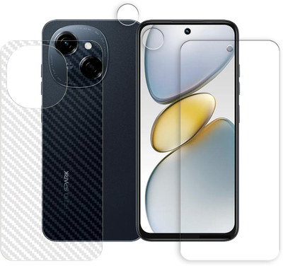 SOMTONE Front and Back Tempered Glass for Tecno Pop 9 4G Tempered Glass Screen Protector | Anti-Scratch | Edge to Edge Full Coverage | 9H Hardness (1 FRONT SCREEN GUARD + 1 BACK CARBON FIBER SKIN + 1 CAMERA LENS PROTECTOR)(Pack of 1)