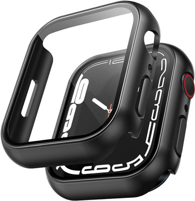 DPJ Edge To Edge Tempered Glass for Apple Watch Case 45mm Series 9/8 / 7,Shockproof Thin Hard PC Bumper Case All-Around Edge Protective Cover Frame Built-in 9H Hardness Tempered Glass Screen Protector,(Solid Black), Apple Watch Series 8 Seires 7 45mm, with 9H Built in Tempered Glass Screen Protector
