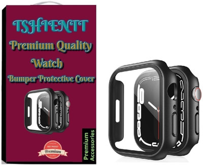 TSHIENTT Edge To Edge Tempered Glass for Compatible Apple Smartwatch Series 9 41MM Shockproof Thin Hard PC Bumper, All-Around Edge Protective Cover Built-in 9H Hardness Tempered Glass Screen Protector (41MM, Black) (Watch not included)(Pack of 1)