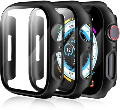 Aenoko Front and Back Tempered Glass for iWatch 45mm Case Hard Matte Silicone Protection Front Case Cover With Attached Screen Protector Compatible For Apple SmartWatch Series 9/8 / 7 (45Mm) Full Coverage (Black)(Pack of 2)