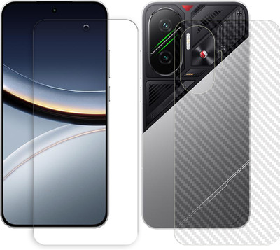 SOMTONE Front and Back Tempered Glass for Poco F7 5G Front Back Tempered Glass Screen Protector | Anti-Scratch | Edge to Edge Full Coverage | 9H Hardness ( 1 FRONT TEMPERED GLASS PROTECTOR + 1 BACK CARBON FIBER SKIN )(Pack of 1)