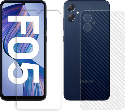 SOMTONE Front and Back Tempered Glass for Samsung Galaxy F05 4G Tempered Glass Screen Protector | Anti-Scratch | Edge to Edge Full Coverage | 9H Hardness (1 FRONT TEMPERED GLASS AND 1 BACK CARBON FIBER SKIN)(Pack of 1)