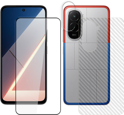 SOMTONE Front and Back Tempered Glass for Poco M7 4G Tempered Glass Screen Protector | Edge to Edge Full Coverage | 9H Hardness ( 1 FRONT TEMPERED GLASS + 1 CARBON FIBER BACK + 1 CAMERA LENS PROTECTOR ) SX01(Pack of 1)
