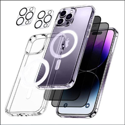 PROTE Front and Back Tempered Glass for iPhone 14 Pro Shockproof Clear Magnetic Case with [2 pack] Privacy Tempered Glass Screen Protectors and [2 pack]Camera Lens Protectors(Pack of 1)