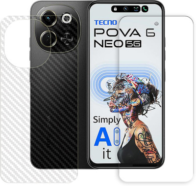 SOMTONE Front and Back Tempered Glass for Tecno Pova 6 Neo 5G Tempered Glass Screen Protector | Anti-Scratch | Edge to Edge Full Coverage | 9H Hardness (1 FRONT TEMPERED GLASS AND 1 BACK CARBON FIBER SKIN)(Pack of 2)
