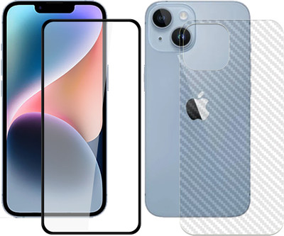 SOMTONE Front and Back Tempered Glass for Apple iPhone 14 Plus 5G Tempered Glass Screen Protector | Anti-Scratch | Edge to Edge Full Coverage | 9H Hardness (1 FRONT PURE TEMPERED GLASS + 1 BACK CARBON FIBER SKIN + 1 CAMERA LENS PROTECTOR)(Pack of 1)