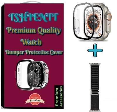 TSHIENTT Edge To Edge Tempered Glass for Compatible with Apple Watch Ultra 49mm, Ultra-Thin Scratch Resistant Cover, Full Coverage Bumper Protective Cover, with 9H Tempered Glass Screen Protector,(Transparent) With Black Alpine Strap (Combo) (One Unit Cover + One Unit Strap) (Watch not included)(Pac