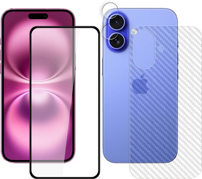 ARBAN Front and Back Tempered Glass for Apple iPhone 16 Plus 5G Tempered Glass Screen Protector | Anti-Scratch | Edge to Edge Full Coverage | 9H Hardness (1 FRONT PURE TEMPERED GLASS + 1 BACK CARBON FIBER SKIN + 1 CAMERA LENS PROTECTOR)(Pack of 1)