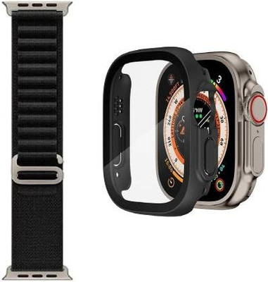 Skymac Edge To Edge Screen Guard for Apple Watch Ultra 2 / Ultra 49mm with 9H Tempered Glass Screen Protector, Full Coverage, Touch Sensitive, Ultra-Thin HD Bumper Protective Cover - (49mm BLACK) [ONE UNIT BLACK COVER+ONE UNIT STRAP], Hard Case with Built-in Tempered Glass Screen Protector Compatibl