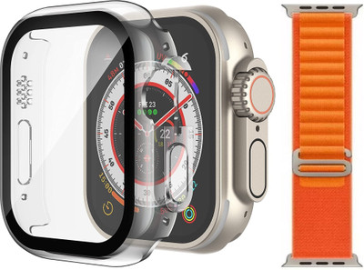 Skymac Edge To Edge Tempered Glass for iWatch 49mm Ultra, Hard Case with Built-in Tempered Glass Screen Protector Compatible with Apple Watch Ultra 2 / Ultra (49mm)[ONE UNIT CLEAR COVER+ONE UNIT ORANGE STRAP](Pack of 2)