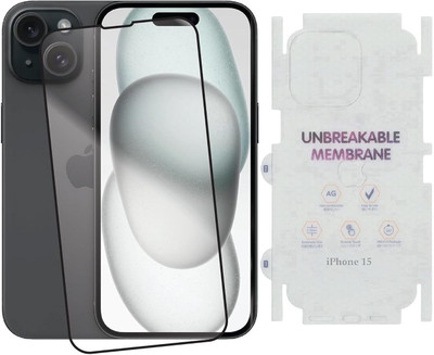 Mobi Front and Back Tempered Glass for iPhone 15 5G, Premium 2.5D Curved Tempered Glass with Unbreakable Hydrogel Membrane TPU Matte Full Coverage Back Screen Guard(Pack of 2)