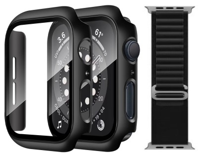 TSHIENTT Edge To Edge Tempered Glass for TPU Hard Case Compatible Apple iWatch 42mm Series 2/3 Cover Ultra Thin Protective iwatch Bumper Cover Case (Black) with Black Strap for 42mm Watch (Combo Pack) (One Unit Watch Case+ One Unit Strap), 42mm Watch Cover(Pack of 2)