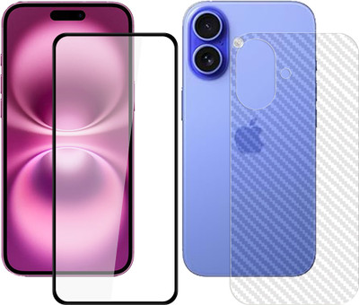 SOMTONE Front and Back Tempered Glass for Apple iPhone 16 Plus 5G Tempered Glass Screen Protector | Anti-Scratch | Edge to Edge Full Coverage | 9H Hardness (1 FRONT PURE TEMPERED GLASS + 1 BACK CARBON FIBER SKIN + 1 CAMERA LENS PROTECTOR)(Pack of 1)
