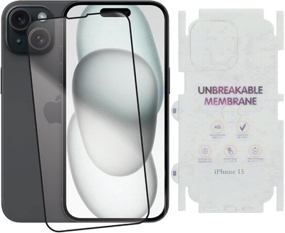 mobinix Front and Back Tempered Glass for iPhone 15 5G, Premium 2.5D Curved Tempered Glass with Unbreakable Hydrogel Membrane TPU Matte Full Coverage Back Screen Guard(Pack of 2)