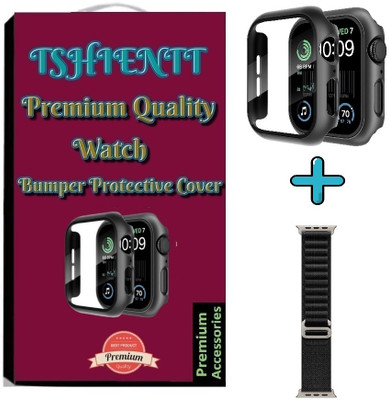 TSHIENTT Tempered Glass Guard for Compatible Apple Watch Series SE 44mm with, Silicone Protection Front Case Cover With Attached Screen Protector, Full Coverage Bumper Protective Cover with Black Alpine Strap (Combo) (One Pcs Cover + One Pcs Strap) (Watch not included)(Pack of 2)
