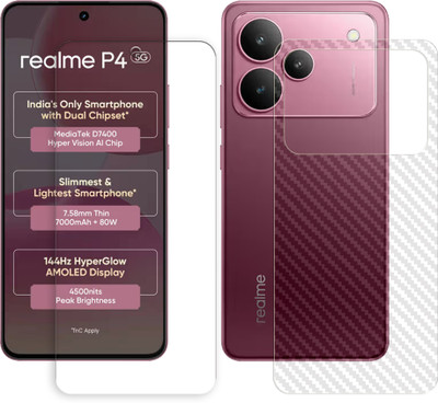 ARBAN Front and Back Tempered Glass for Realme P4 5G Front Back Tempered Glass Screen Protector | Anti-Scratch | Edge to Edge Full Coverage | 9H Hardness ( 1 FRONT TEMPERED GLASS + 1 BACK CARBON FIBER SKIN )(Pack of 1)