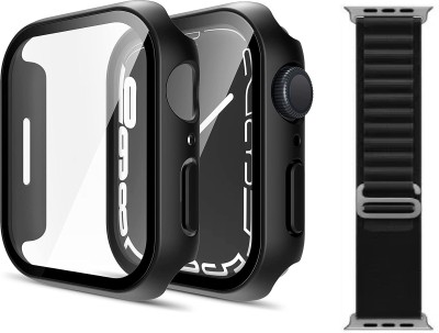 Skymac Front and Back Tempered Glass for Apple Watch Series 9/8/7 45mm with Tempered Glass Screen Protector, iWatch Screen Guard, Touch Sensitive, Full Coverage Bumper Protective Cover - (45mm Black) with Black Alpine Strap (Combo) (One Pcs Case+One Pcs Strap)(Pack of 2)