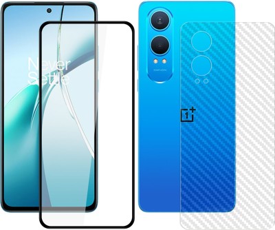 SOMTONE Front and Back Tempered Glass for OnePlus Nord CE4 Lite 5G Tempered Glass Screen Protector | Anti-Scratch | Edge to Edge Full Coverage (1 FRONT PURE TEMPERED GLASS + 1 BACK CARBON FIBER SKIN )(Pack of 2)