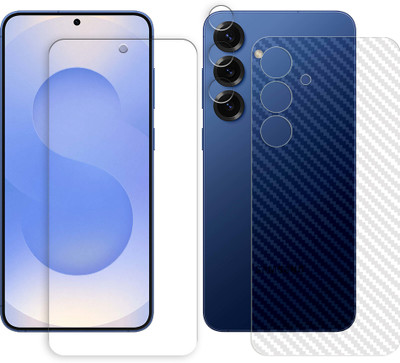SOMTONE Front and Back Tempered Glass for Samsung Galaxy S25 Plus 5G Tempered Glass Screen Protector | Anti-Scratch | Edge to Edge Full Coverage | 9H Hardness (1 FRONT SCREEN GUARD + 1 BACK CARBON FIBER SKIN + 1 CAMERA LENS PROTECTOR)(Pack of 1)