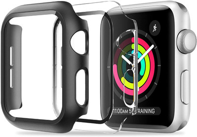 Aenoko Front and Back Tempered Glass for Apple Watch Series 3 Series 2 42mm, Case Compatible with Apple Watch Series 3 Series 2 Series 1 42mm, Hard PC All-Around Protective Cover with Tempered HD Glass Screen Protector Scratch Resistant Slim & Durable [BLACK & CLEAR](Pack of 2)