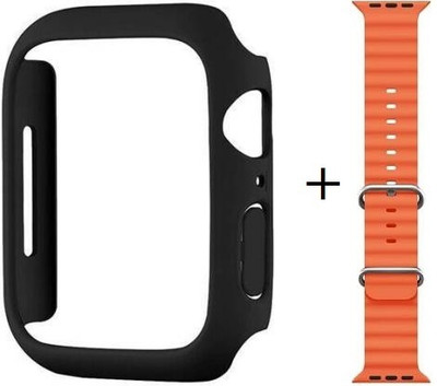DPJ Front and Back Tempered Glass for Apple Watch Series 7 45mm Case with Tempered Glass Screen Protector + 45mm Orange Strap (Combo) Slim Guard Bumper Full Coverage Hard PC Cover for iWatch 45mm + Orange Strap (Combo Accessories) (Matte Black, 45mm)(Pack of 1)