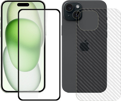 SOMTONE Front and Back Tempered Glass for Apple iPhone 15 Plus 5G Tempered Glass Screen Protector | Anti-Scratch | Edge to Edge Full Coverage | 9H Hardness (1 FRONT PURE TEMPERED GLASS + 1 BACK CARBON FIBER SKIN + 1 CAMERA LENS PROTECTOR)(Pack of 1)