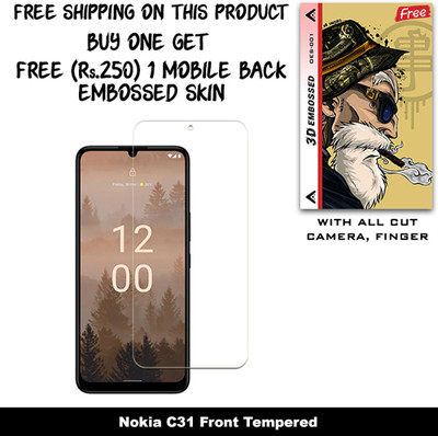 SOMTONE Tempered Glass Guard for Nokia C31 And Free 1 Mobile Back Embossed Skin With Cut FS001(Pack of 1)