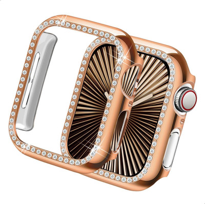 KAZUKI Screen Guard for Apple Watch Series 10 46mm Single-Row Diamond Plated PC Hollow Watch Case [Rose Gold](Pack of 1)