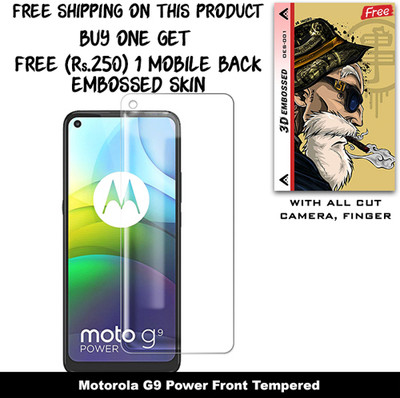 SOMTONE Tempered Glass Guard for Motorola G9 Power And Free 1 Mobile Back Embossed Skin With Cut FS001(Pack of 1)