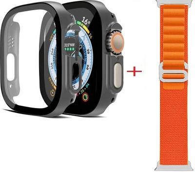 Aenoko Screen Guard for Apple iWatch Ultra 1 & Ultra 2 49mm with 9H Tempered Glass Screen Protector, [Touch Sensitive] [Full Coverage] [Slim Bumper] Protective Cover Case for iWatch 49mm (Black) wtih Orange Strap [ONE PCS BLACK CASE+ONE PCS ORANGE ALPINE STRAP] [COMBO](Pack of 2)