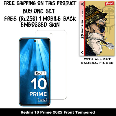 SOMTONE Tempered Glass Guard for Redmi 10 Prime 2022 And Free 1 Mobile Back Embossed Skin With Cut FS001(Pack of 1)