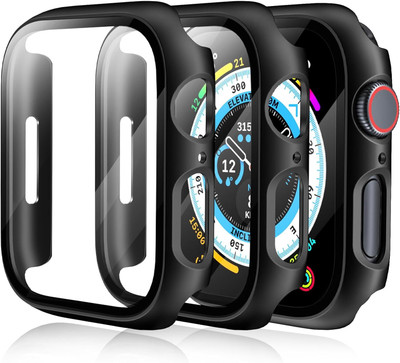 LNKART Screen Guard for [2 Pack] Case for Apple Watch Series 9 Screen Protector 45mm Series 8 Series 7, EWUONU Hard PC Bumper Cover HD Tempered Glass Full Protective Case for iWatch Series 9/8/7 Accessories 45mm, Black(Pack of 2)