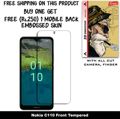 SOMTONE Tempered Glass Guard for Nokia C110 And Free 1 Mobile Back Embossed Skin With Cut FS001(Pack of 1)