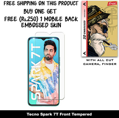 SOMTONE Tempered Glass Guard for Tecno Spark 7T And Free 1 Mobile Back Embossed Skin With Cut FS001(Pack of 1)