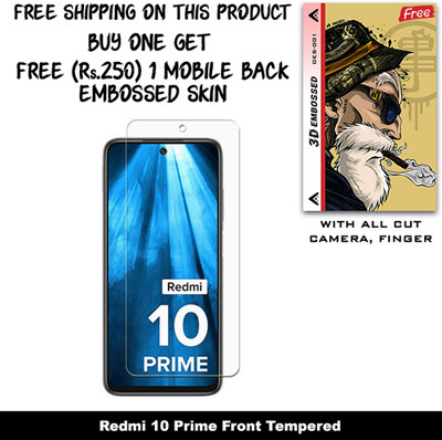 SOMTONE Tempered Glass Guard for Redmi 10 Prime And Free 1 Mobile Back Embossed Skin With Cut FS001(Pack of 1)