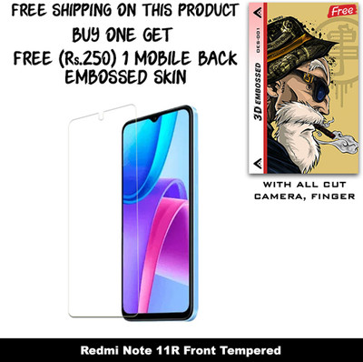 SOMTONE Tempered Glass Guard for Redmi Note 11R And Free 1 Mobile Back Embossed Skin With Cut FS001(Pack of 1)