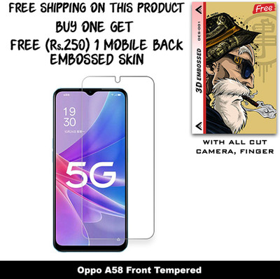 SOMTONE Tempered Glass Guard for Oppo A58 And Free 1 Mobile Back Embossed Skin With Cut FS001(Pack of 1)